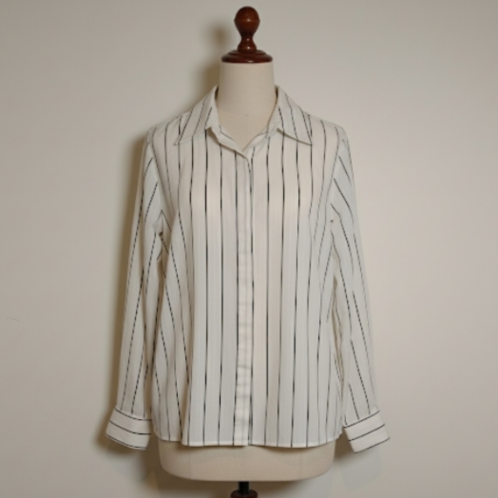 Ralph Lauren Sateen Stripe Long Sleeve Button Front  Blouse